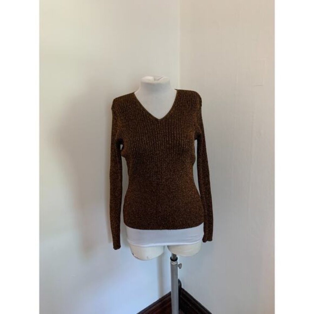 Y2K VTG Joseph A. Sweater M Metallic Bronze Thread Knit Ribbed Sexy Snug V Neck